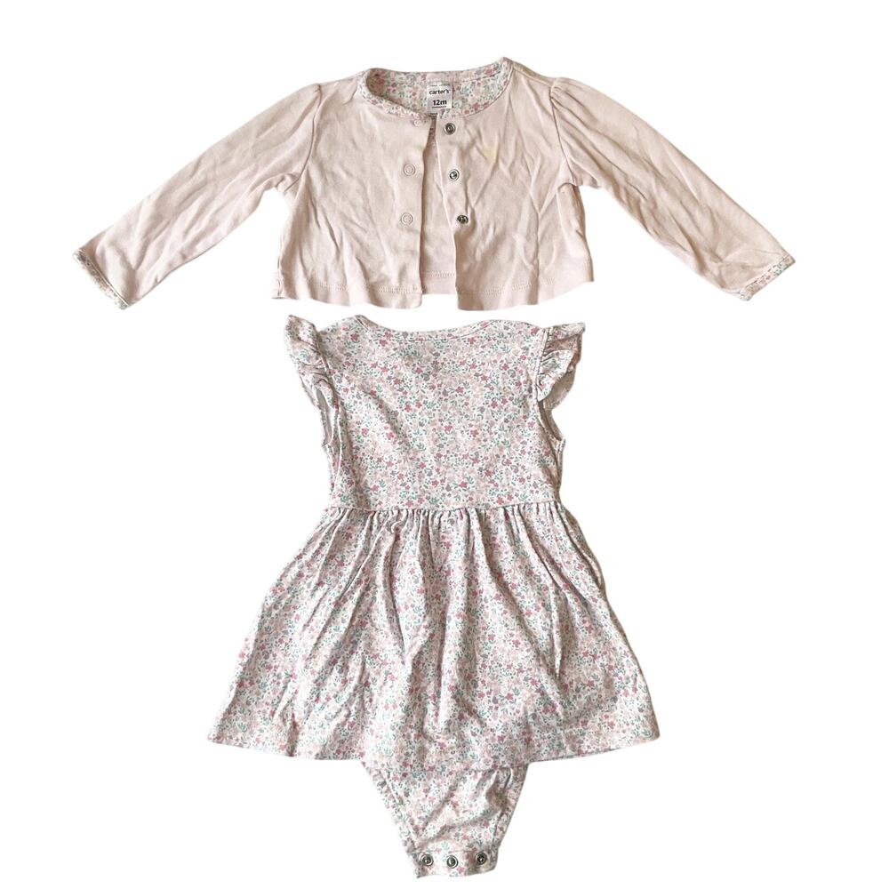 Carter's Girls Dress 12M Pink Floral Fit & Flare Dress Set Button Ruffle